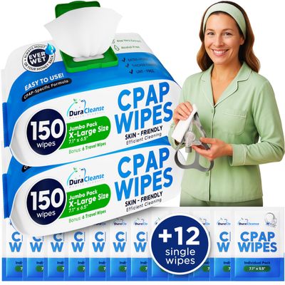 CPAP Mask Wipes - 300 Count Jumbo Pack + 12 Travel Sheets - Dura Cleanse Extra Large, Extra Moist Cleaning Wipes for Full Face, Nasal Masks Unscented Cleaner for CPAP Machine Supplies and Accessories