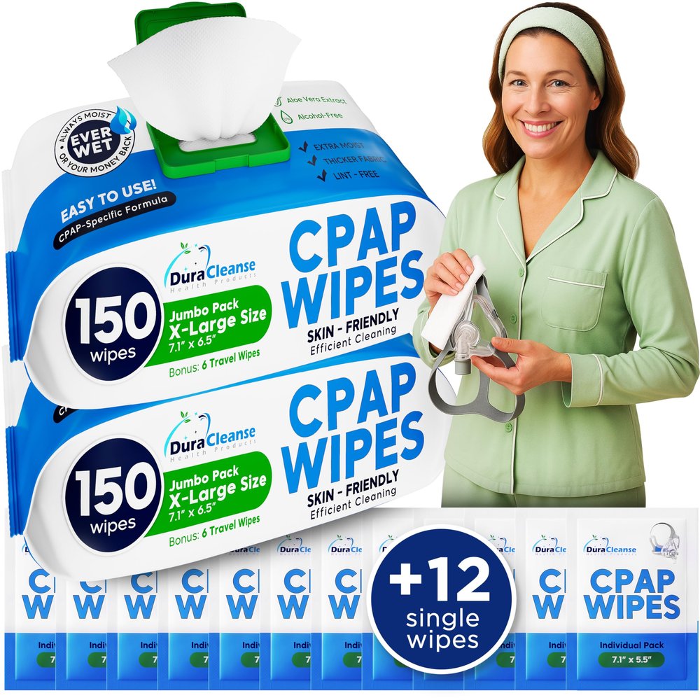 CPAP Mask Wipes - 300 Count Jumbo Pack + 12 Travel Sheets - Dura Cleanse Extra Large, Extra Moist Cleaning Wipes for Full Face, Nasal Masks Unscented Cleaner for CPAP Machine Supplies and Accessories
