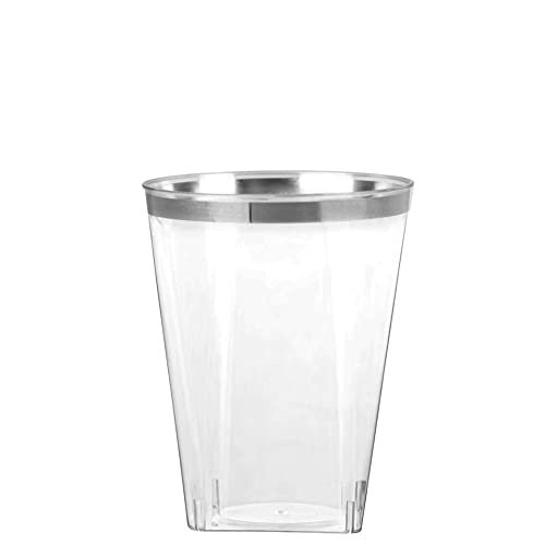 Disposable 10 oz Square Crystal Clear Plastic Tumblers with Silver Rim - Elegant Disposable Hard Plastic Cups Silver Rimmed - For Party, Weddings, Baby Showers, Events, Fancy Catering Cups (50 PACK)