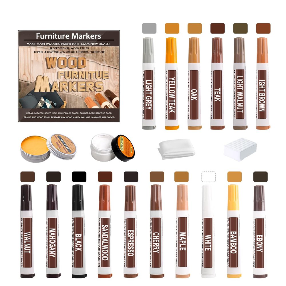 A-HEYIDA 22PCS Wood Furniture Repair Markers - 16 Colors Furniture Touch Up Pen with Beeswax Wood Putty Filler, Wooden Stain Marker Covers Scratches, Scuffs, Cabinets, Tables, Floors