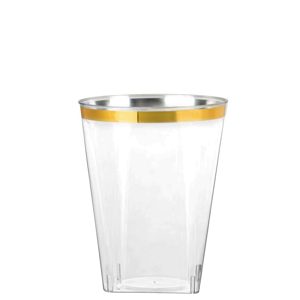 Disposable 10 oz Square Crystal Clear Plastic Tumblers with Gold Rim - Elegant Disposable Hard Plastic Cups Gold Rimmed - For Party, Weddings, Baby Showers, Events, Fancy Catering Cups (70 PACK)