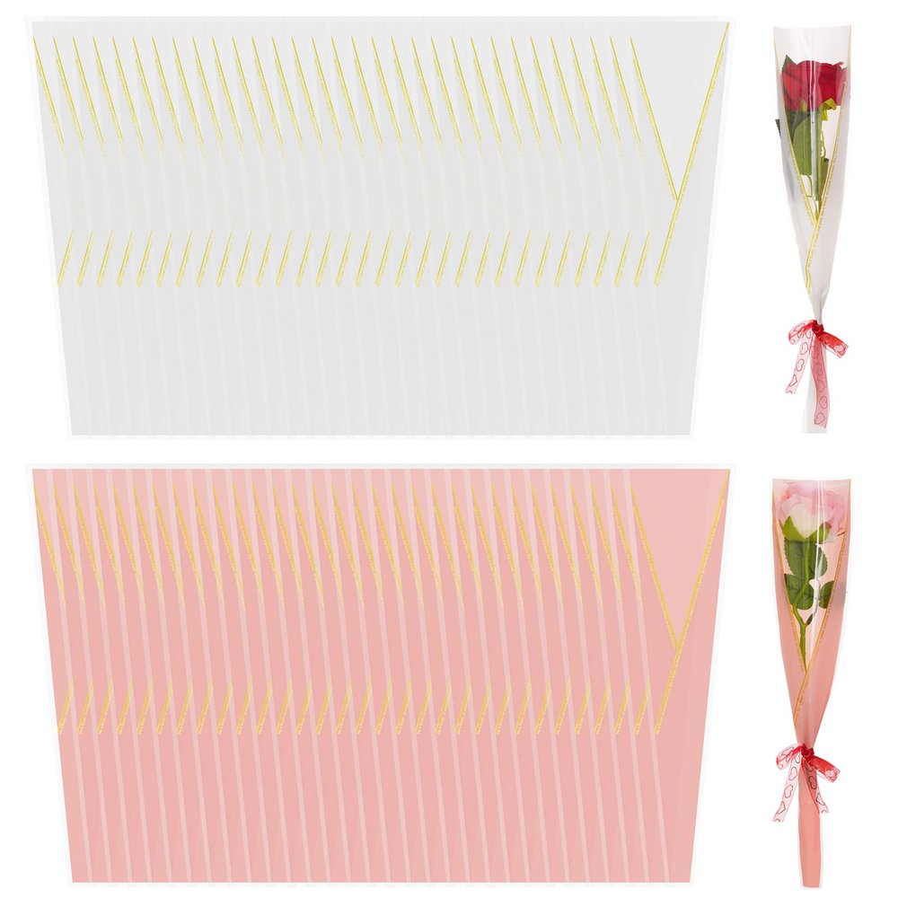 100pcs Single Rose Sleeve Flower Wrapping Bags Single Flower Packaging Bags Waterproof Single Flower Wrapping Bags Gold Edge Flower Bouquet Sleeve for Mother's Day Wedding Bouquet Valentine's Gifts