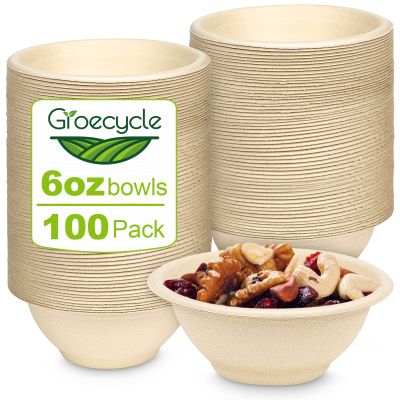 Groecycle 6 oz Small Compostable Paper Bowls, 100 Pack - Biodegradable Bagasse Bowls for Condiments, Sauces, Ice Cream