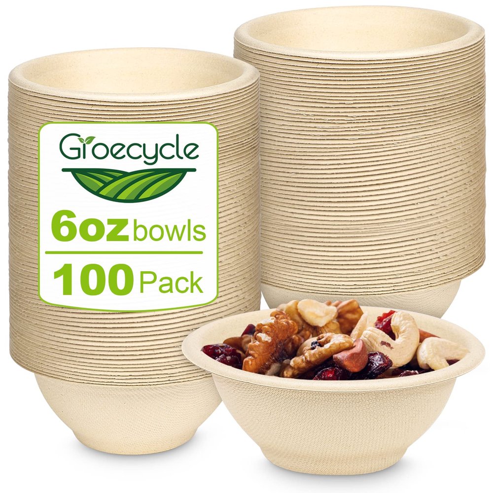 Groecycle 6 oz Small Compostable Paper Bowls, 100 Pack - Biodegradable Bagasse Bowls for Condiments, Sauces, Ice Cream