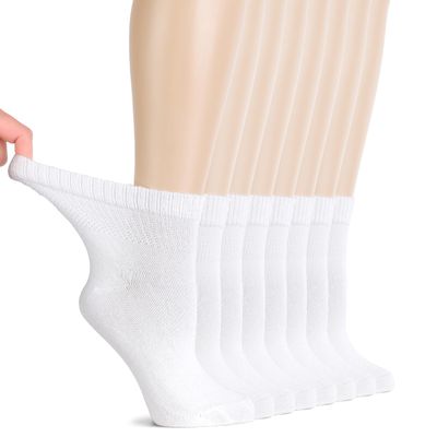 Hugh Ugoli Diabetic Socks for Women, Super Soft & Thin Ankle Socks, Wide & Loose, Non-Binding Top & Seamless Toe, 8 Pairs, White, Shoe Size: 10-12