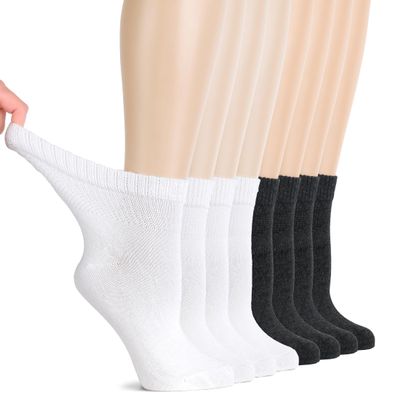 Hugh Ugoli Diabetic Socks for Women, Super Soft, Thin, Rayon Ankle Socks, Wide & Loose, Non-Binding Top & Seamless Toe, 8 Pairs, Charcoal/White, Shoe Size: 6-9