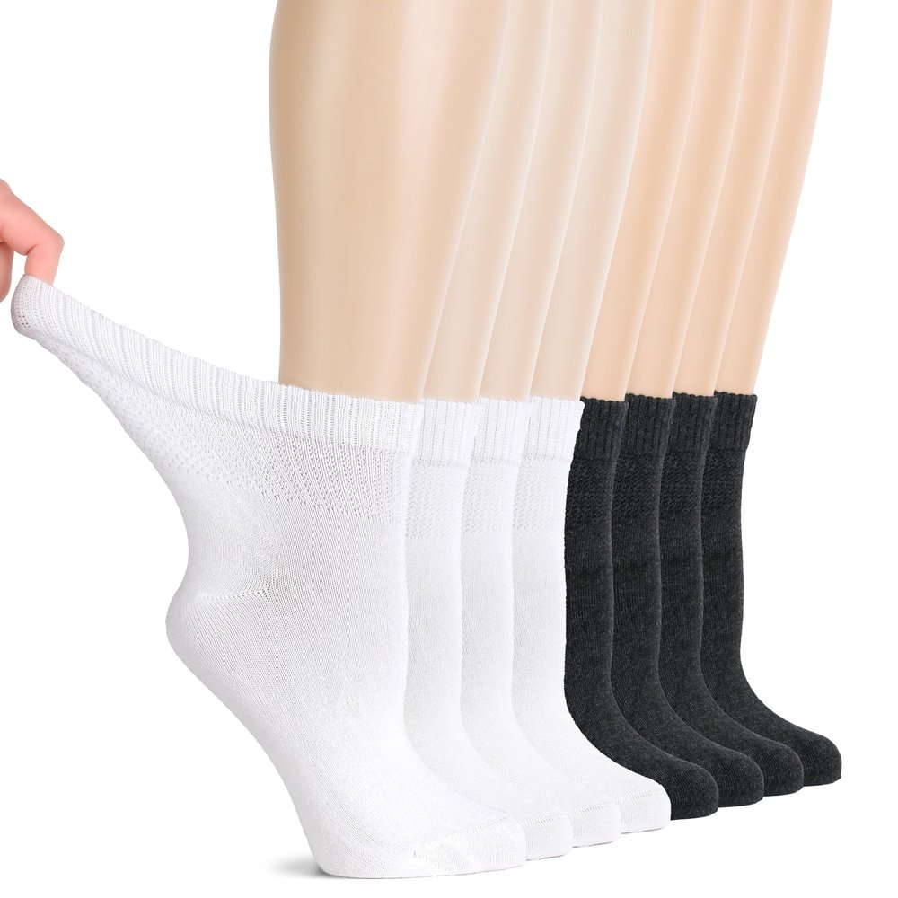 Hugh Ugoli Diabetic Socks for Women, Super Soft, Thin, Rayon Ankle Socks, Wide & Loose, Non-Binding Top & Seamless Toe, 8 Pairs, Charcoal/White, Shoe Size: 6-9