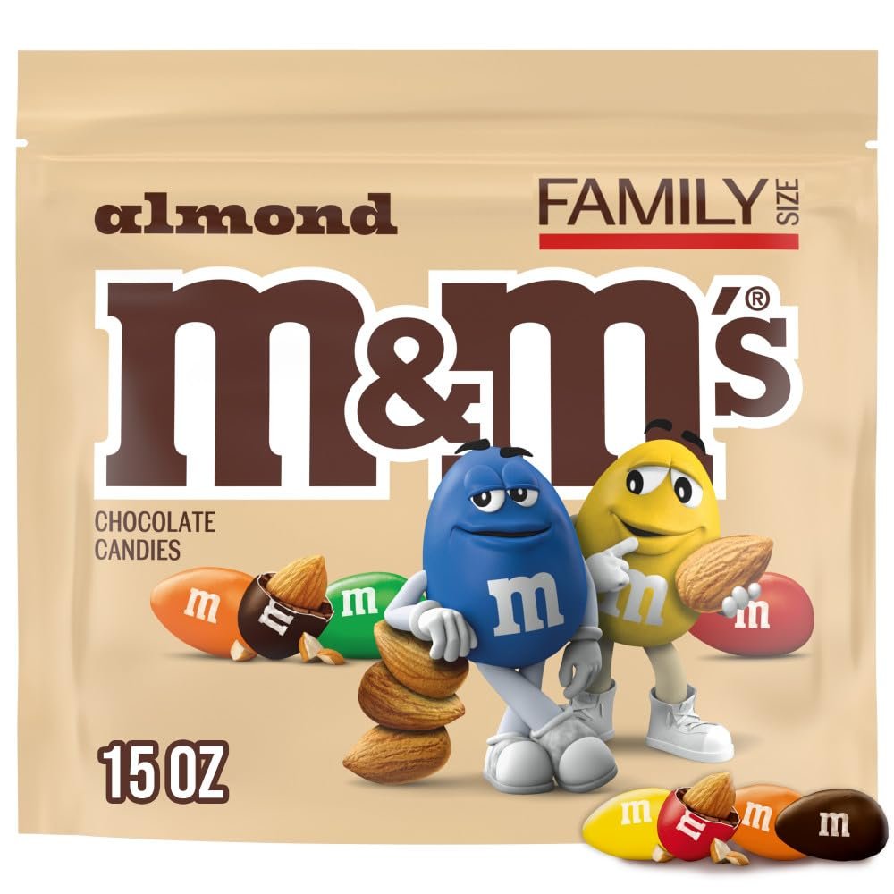 M&MS Almond Milk Chocolate Candy Bulk Family Size, 15 Oz Resealable Bag, Crunchy Almonds Covered in Smooth Milk Chocolate, Ideal for Snacking, Movie Nights, Baking, and Party Treats