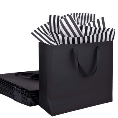 Bobobag 12 Pack 12.5 inch Black Gift Bags with Tissue Paper for Shopping, Business, Bridal Party, Man's birthday gift,Wedding, Christmas and Holiday (Black)