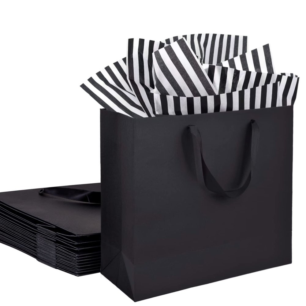 Bobobag 12 Pack 12.5 inch Black Gift Bags with Tissue Paper for Shopping, Business, Bridal Party, Man's birthday gift,Wedding, Christmas and Holiday (Black)