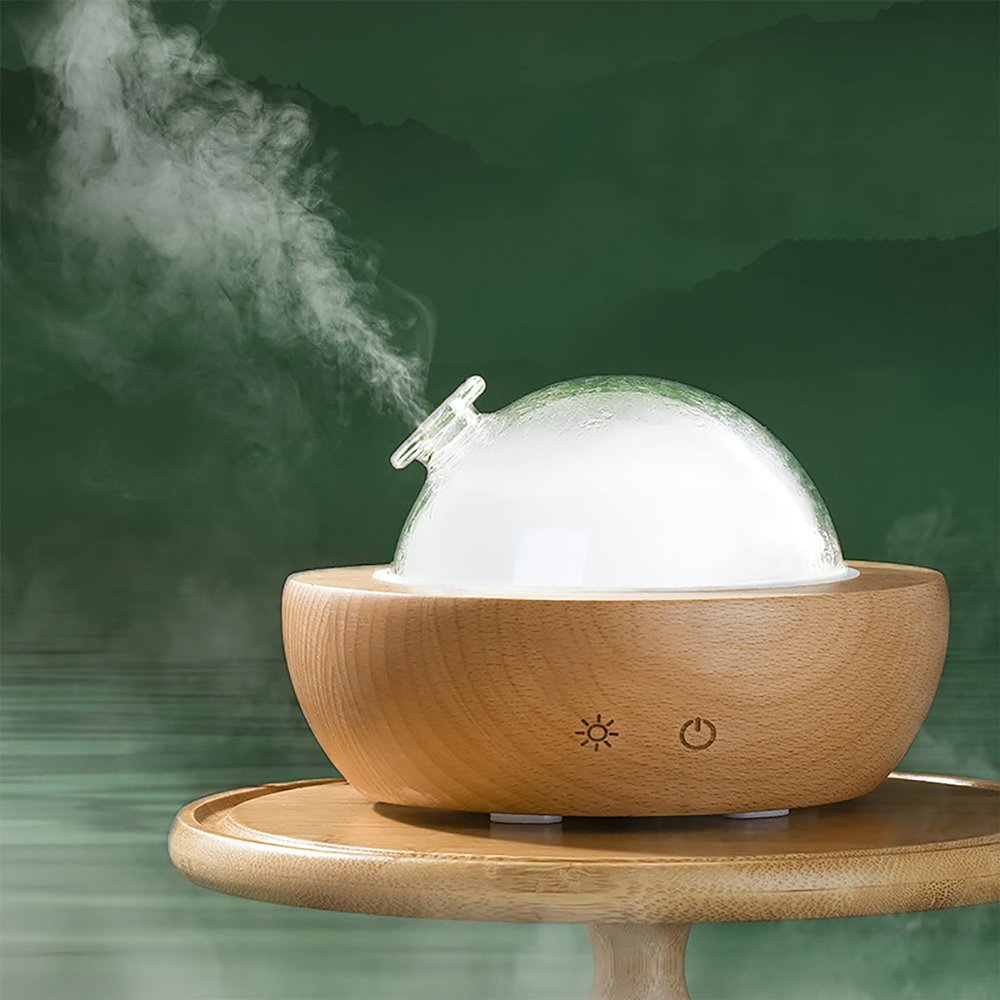 Fancemot Glass Essential Oil Diffuser with Real Wood Base, 180ml Aromatherapy Diffuser with 2 Mist Modes, 7 Colors LED Light Ultrasonic Cool Mist Humidifier for Home and Office