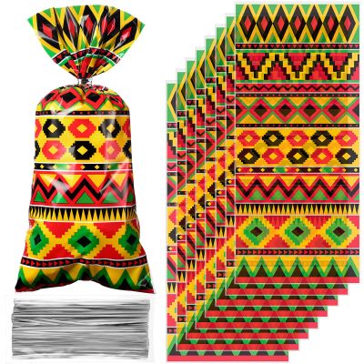 100 Pcs Juneteenth Party Cellophane Treat Bags Red Yellow Green Black Plastic Goody Gift Candy Bags with Silver Twist Ties for African Afro American Festival Celebration Happy Juneteenth (Geometric)