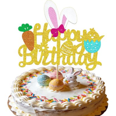 Easter Basket Stuffers Happy Birthday Cake Topper Bunny Ear Cake Decorations Glitter Gold Easter Rabbit Party Decoration Easter Egg Decorating Easter Decor for Kids Easter Basket Stuffers for Girls