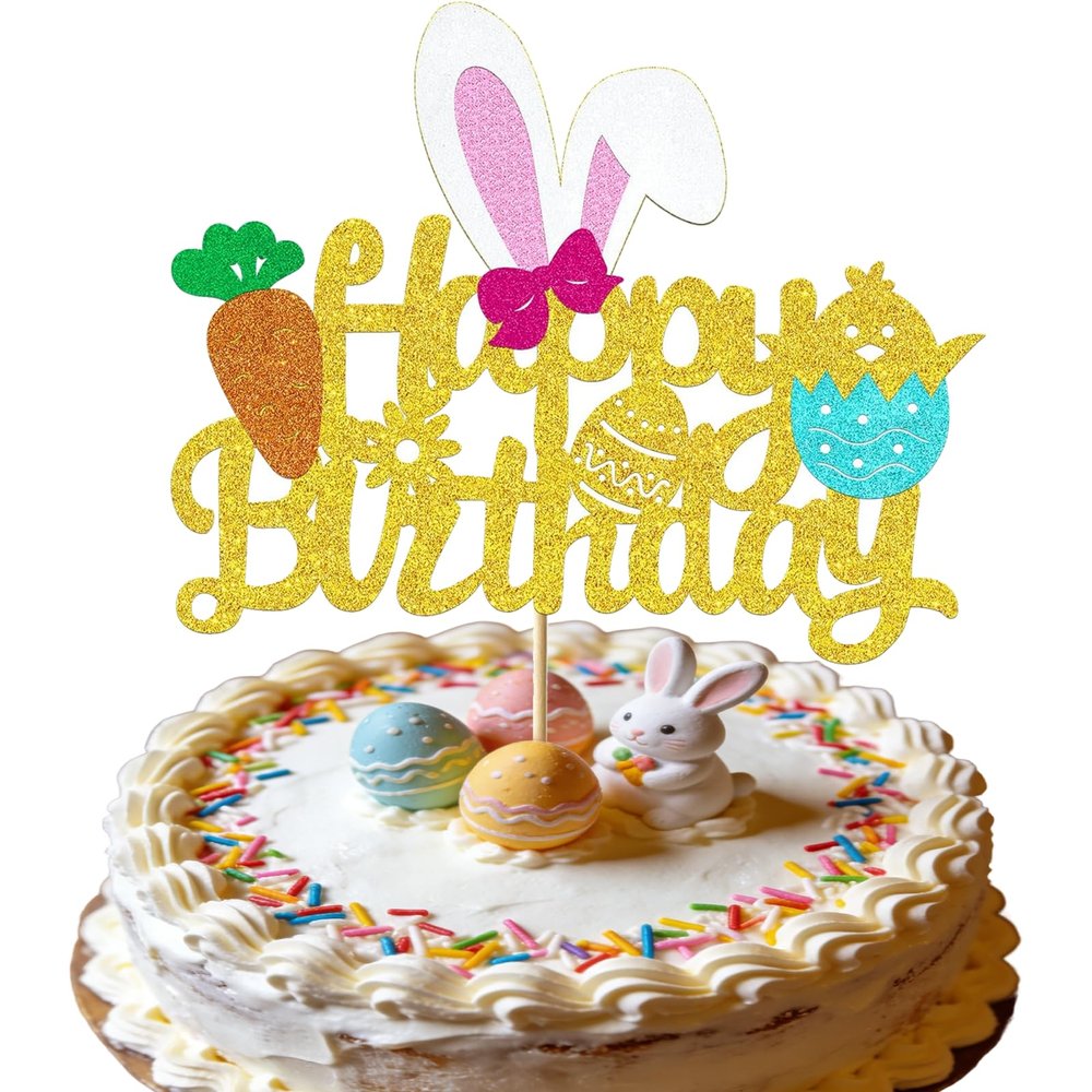 Easter Basket Stuffers Happy Birthday Cake Topper Bunny Ear Cake Decorations Glitter Gold Easter Rabbit Party Decoration Easter Egg Decorating Easter Decor for Kids Easter Basket Stuffers for Girls