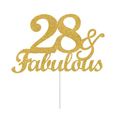 28 & Fabulous Cake Toppers Gold Glitter, Happy 28th Birthday Cake Topper Cheers to 28 Years Old Bday Decoration, Twenty-eight and Fabulous Cake Decorations for 28th Birthday Anniversary Party