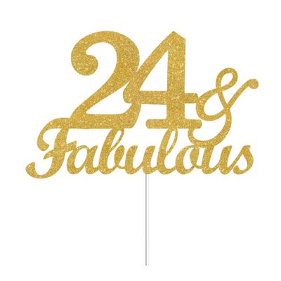 24 & Fabulous Cake Toppers Gold Glitter, Happy 24th Birthday Cake Topper Cheers to 24 Years Old Bday Decoration, Twenty-four and Fabulous Cake Decorations for 24th Birthday Anniversary Party