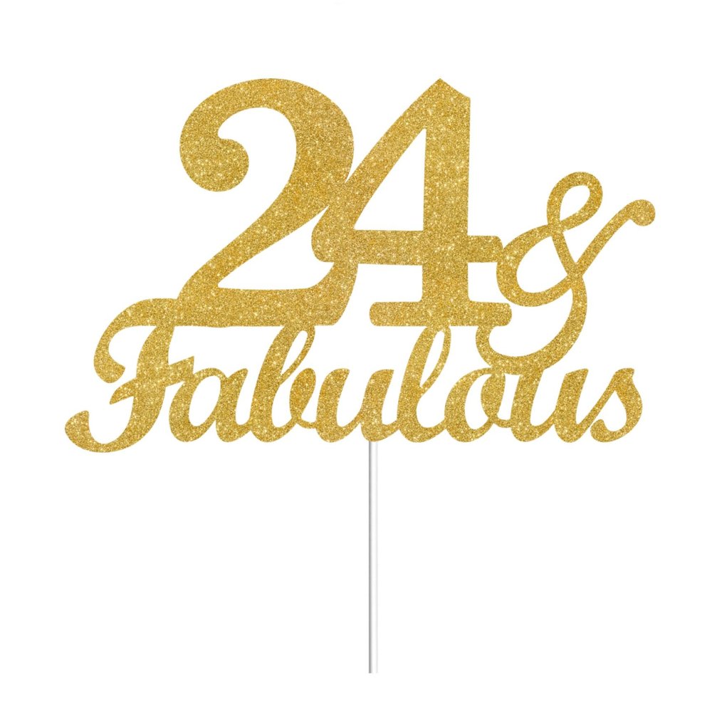 24 & Fabulous Cake Toppers Gold Glitter, Happy 24th Birthday Cake Topper Cheers to 24 Years Old Bday Decoration, Twenty-four and Fabulous Cake Decorations for 24th Birthday Anniversary Party