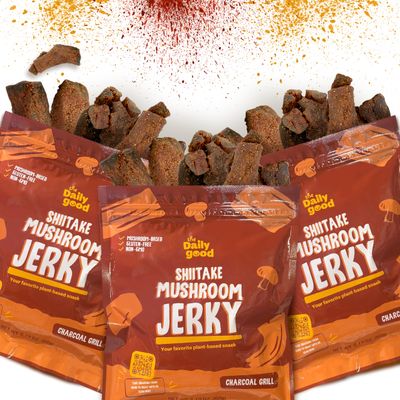 The Daily Good Mushroom Jerky - 3-Pack Snacks, Yummy High-Fiber Mushroom Snack, Meatless & Gluten-Free Food, Contains Eggs, Made from Shiitake Stalk, 0.58 lbs., Vegetarian, Charcoal Grill (BBQ Flavor)