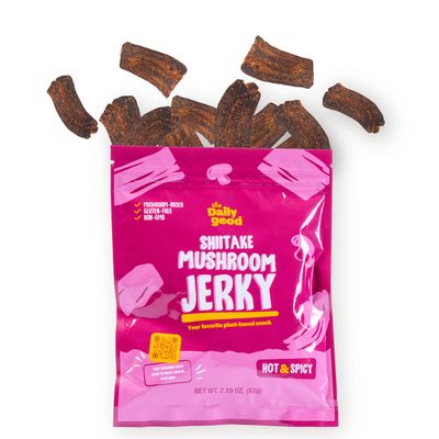 The Daily Good Mushroom Jerky - Single-Pack Snacks, Yummy High-Fiber Mushroom Snack, Meatless & Gluten-Free Food, Contains Eggs, Made from Shiitake Stalk, 0.58 lbs., Vegetarian, Hot & Spicy Flavor