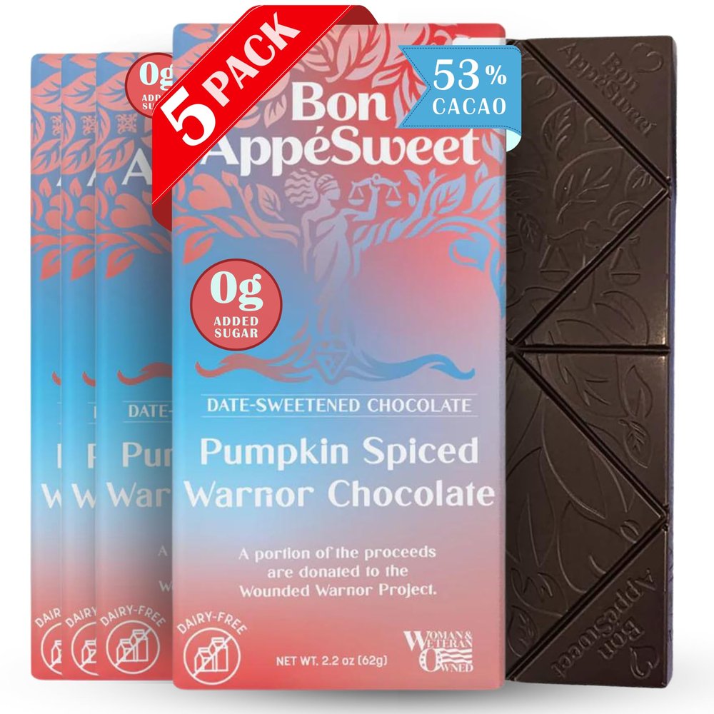 Bon Appesweet Date Sweetened Chocolate Bar - Pumpkin Spiced Warnor Chocolate | 2.2 Ounce (Pack of 5) | Organic, Zero Added Sugar, 53% Cacao, Plant Based, Dairy Free, and Guilt Free!