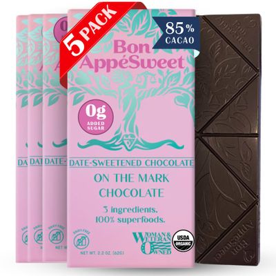 Bon Appesweet Date Sweetened Chocolate Bar - On The Mark Chocolate | 2.2 Ounce (Pack of 5) | Organic, Zero Added Sugar, 85% Cacao, Plant Based, Dairy Free, and Guilt Free!