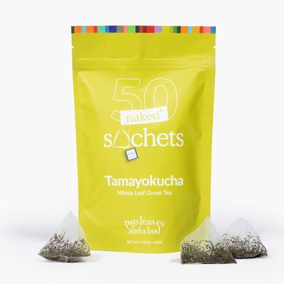 Two Leaves and a Bud Tamayokucha - 50 Naked Tea Sachets, Whole Leaf Green Tea in Eco-Friendly Unwrapped Compostable Sachets, Resealable Bag, 50 Count (Pack of 1)