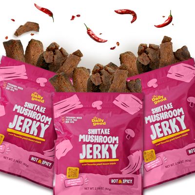 The Daily Good Mushroom Jerky - 3-Pack Snacks, Yummy High-Fiber Mushroom Snack, Meatless & Gluten-Free Food, Contains Eggs, Made from Shiitake Stalk, 0.58 lbs., Vegetarian, Hot & Spicy Flavor