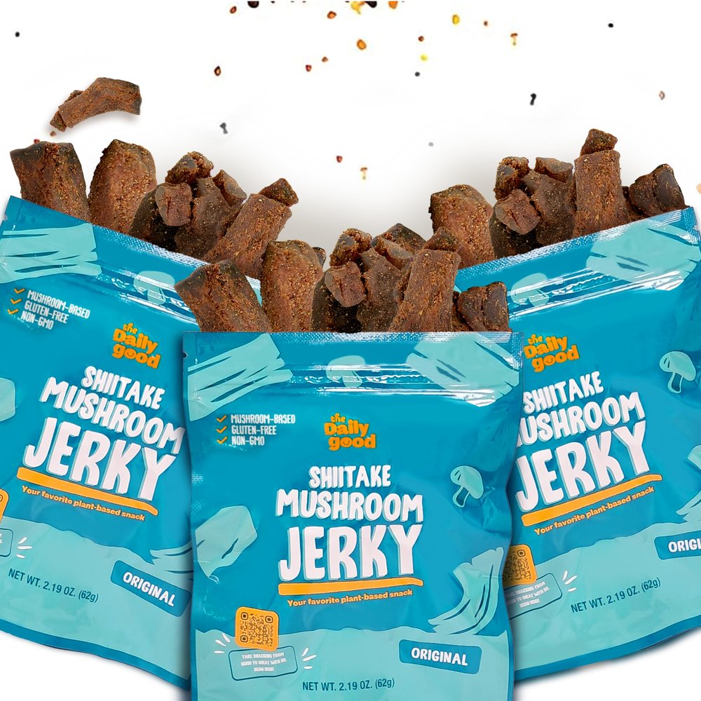 The Daily Good Mushroom Jerky - 3-Pack Snacks, Yummy High-Fiber Mushroom Snack, Meatless & Gluten-Free Food, Contains Eggs, Made from Shiitake Stalk, 0.58 lbs., Vegetarian, Original Flavor