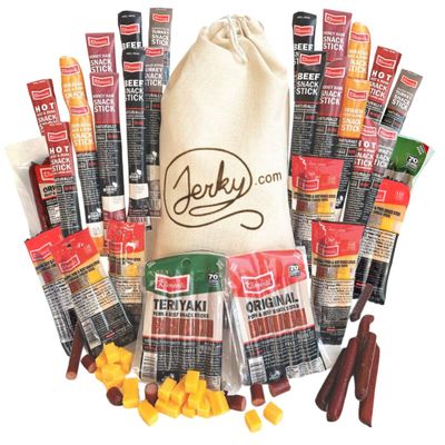 Jerky.com XXL Meat Sticks Gift Bag | 52 Piece Gift Basket with Beef Sticks, Pork, Turkey, Ham & Cheese | Over 2 lbs of High Protein Meat Snacks | Valentines Gifts for Him