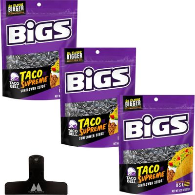 BIGS Flavored Sunflower Seeds - Taco Supreme - 5.35 Ounces Per Bag - In Mighty Merchandise Packaging, 140 Gram (Pack of 3), Total : 16.1 ounces