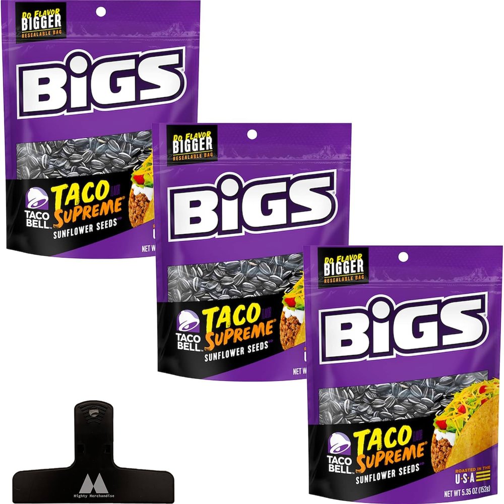 BIGS Flavored Sunflower Seeds - Taco Supreme - 5.35 Ounces Per Bag - In Mighty Merchandise Packaging, 140 Gram (Pack of 3), Total : 16.1 ounces