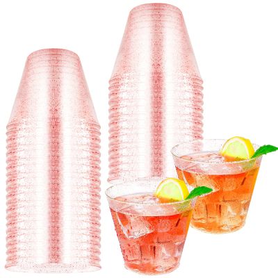 HKACSTHI 25 Pieces 9oz Plastic Cups Disposable Glitter Wine Glasses Clear Plastic Tumblers Dessert Cups Drinking Cups for Wedding Party Cocktail (Red)