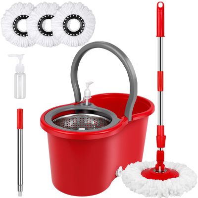 Spin Mop and Bucket with Wringer Set, 360 Spinning Mop Bucket System with 3 Microfiber Mop Replacement Heads, Adjustable Handle for Floor Cleaning (red)
