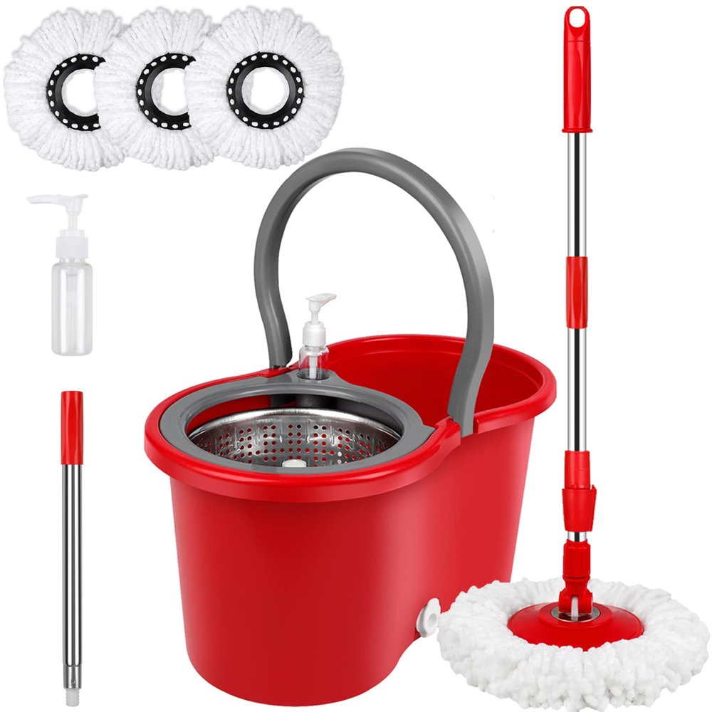 Spin Mop and Bucket with Wringer Set, 360 Spinning Mop Bucket System with 3 Microfiber Mop Replacement Heads, Adjustable Handle for Floor Cleaning (red)