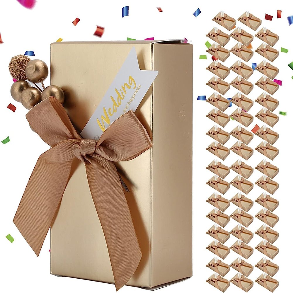 50pcs Champagne Color Candy Gift Boxes, Chic Wedding Jewellery Boxes & Storage Favour Boxes With Bowknot For Birthdays Christmas Graduation Gift Anniversary(Gold)