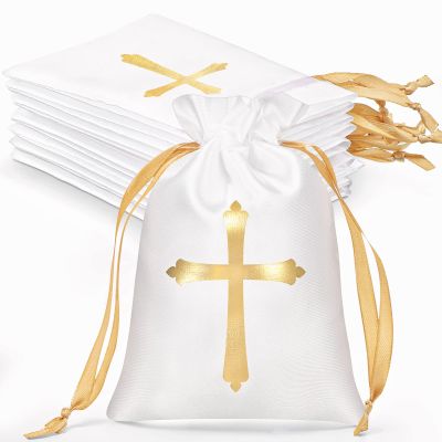 PerKoop 50 Pcs Baptism Satin Gift Bags with Drawstring 4 x 6 Inch Religious Gift Bags Cross Candy Jewelry Pouches for Baptism Christmas Nativity First Communion Party Favor(White)
