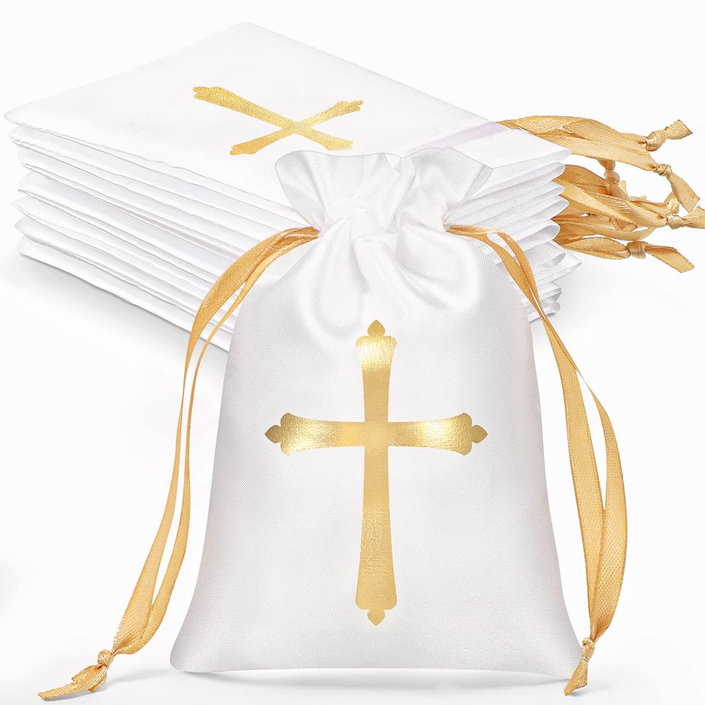 PerKoop 50 Pcs Baptism Satin Gift Bags with Drawstring 4 x 6 Inch Religious Gift Bags Cross Candy Jewelry Pouches for Baptism Christmas Nativity First Communion Party Favor(White)