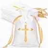 PerKoop 50 Pcs Baptism Satin Gift Bags with Drawstring 4 x 6 Inch Religious Gift Bags Cross Candy Jewelry Pouches for Baptism Christmas Nativity First Communion Party Favor(White) view 1