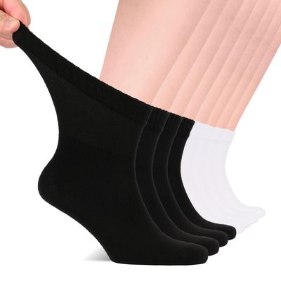 Hugh Ugoli Diabetic Socks for Men, Loose Ankle Socks Rayon, Extra-Wide, Thin, Seamless Toe and Non-Binding Top, 8 Pairs, Black/White, Shoe Size: 8-11
