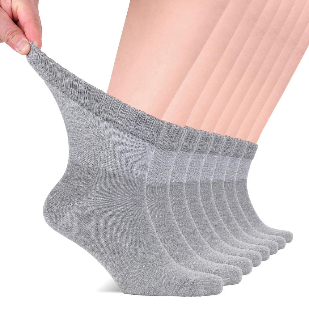 Hugh Ugoli Diabetic Socks for Men, Loose Ankle Socks Rayon, Extra-Wide, Thin, Seamless Toe and Non-Binding Top, 8 Pairs, Light Gray, Shoe Size: 8-11