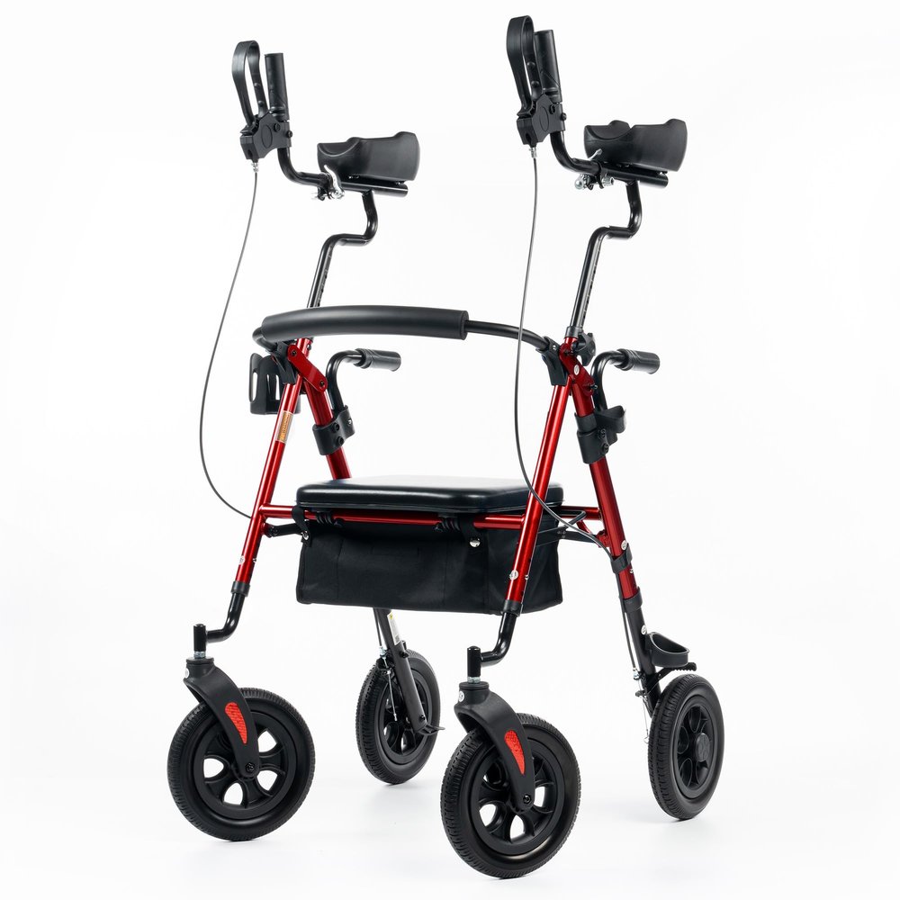 ELENKER All-Terrain Upright Rollator Walker, Stand Up Rolling Walker with 10Big PU Wheels and Adjustable Padded Armrests for Seniors from 48to 6'4, Red
