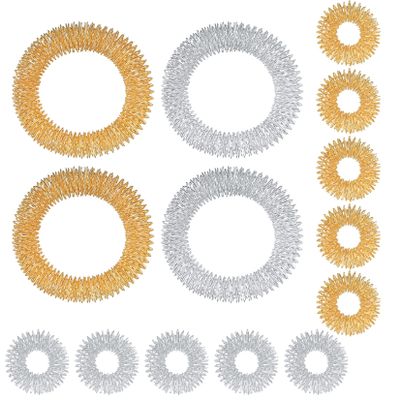 HexinYigjly 14 Pieces Spiked Sensory Rings (10 Acupressure Rings, 4 Bracelets), Spiked Finger Acupressure Sensory Rings for Teens, Adults, Stress Relief Bracelets and Finger Rings, Gold and Silver
