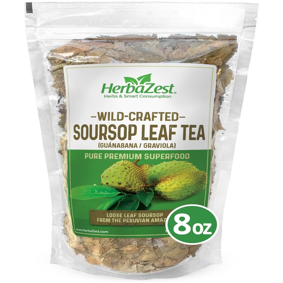 HerbaZest Soursop Leaf Tea (Hoja de Guanabana/Graviola) - 8oz (225g) - Premium Wild-Crafted & 100% Pure Loose Leaves Naturally Caffeine Free