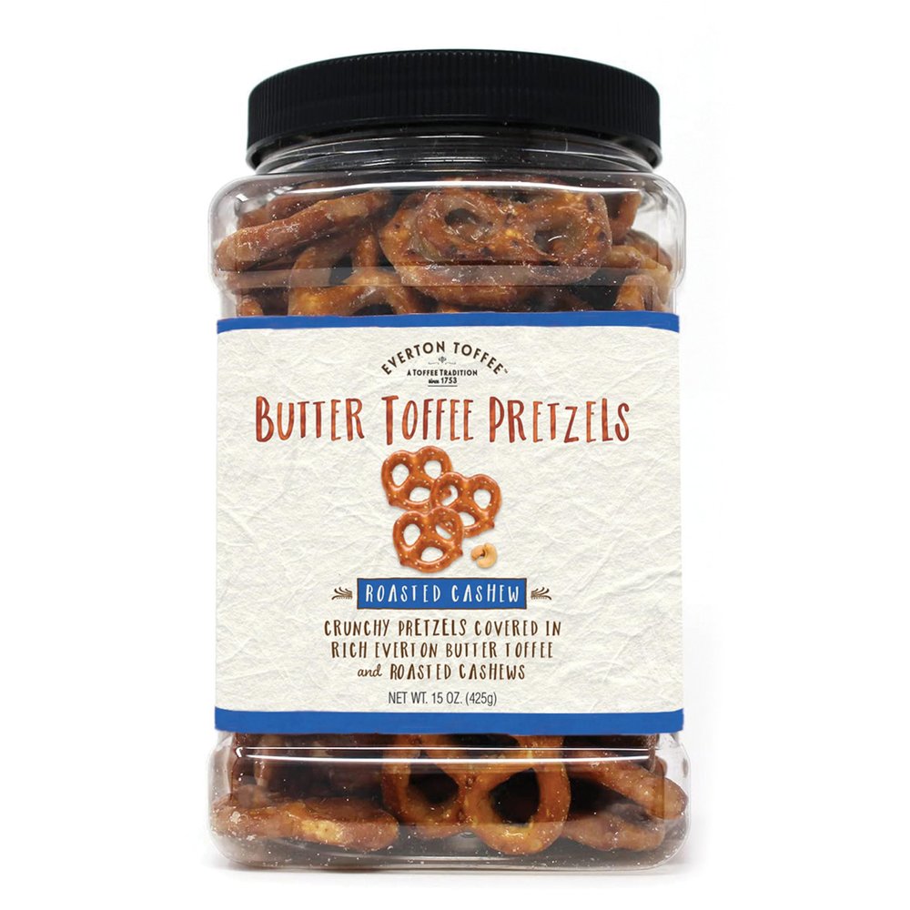 Everton Roasted Cashew Butter Toffee Pretzels: Gourmet Artisan, made in small batches, 15oz Gourmet Grab Jar