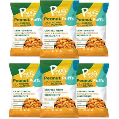 P-nuff Crunch Peanut Puffs Shark Tank, Healthy Snacks, Keto, Gluten Free, 20g Vegan Protein per Bag, Gut Health, Post Workout, Fit Snacks, For Adults and Kids 4oz Bag, Cheddar Jalapeno 6-Pack