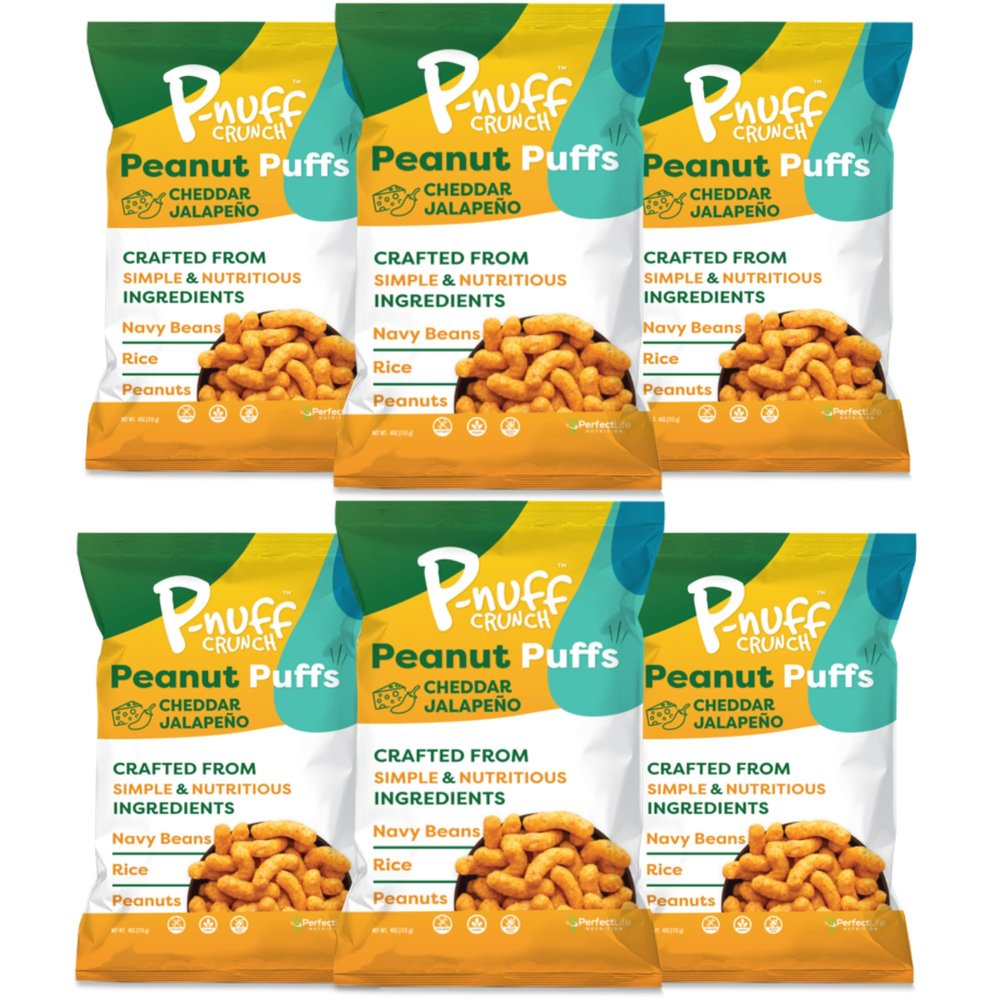 P-nuff Crunch Peanut Puffs  Shark Tank, Healthy Snacks, Keto, Gluten Free, 20g Vegan Protein per Bag, Gut Health, Post Workout, Fit Snacks, For Adults and Kids  4oz Bag, Cheddar Jalapeno 6-Pack