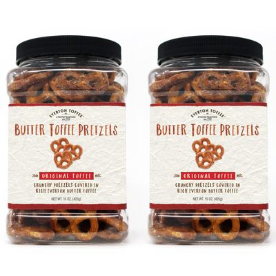 Everton Toffee Butter Toffee Pretzels, Roasted Cashew & Original Butter Toffee Pretzels Grab Jars (2-15oz. jars). Made in small batch crafted sweet and salty mini pretzel snacks.