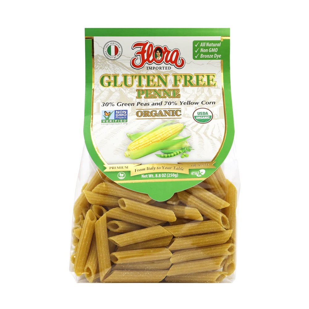 Flora Foods Gluten Free Penne | 8.8 oz (250g) | 30% Green Peas and 70% Yellow Corn | Non GMO - All Natural - 100% Italian Recipe - Bronze Dye | From Italy to Your Table