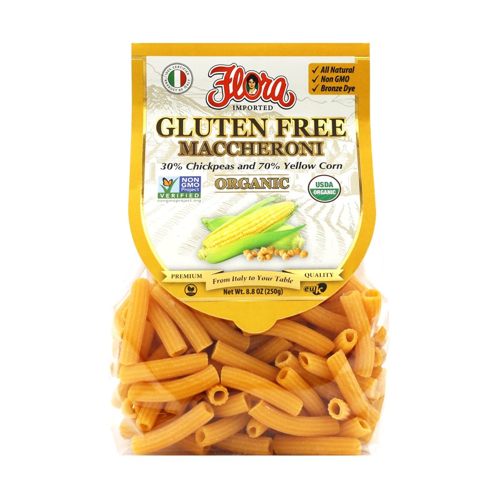 Flora Foods Organic Gluten Free Maccheroni | 8.8 oz (250g) | 30% Chickpeas and 70% Yellow Corn | Non GMO - All Natural - 100% Italian Recipe - Bronze Dye | From Italy to Your Table