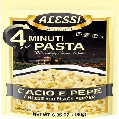 Alessi 4 Minute Pasta, One Dish Quick Meals, Stovetop or Microwave, Dinner or Side Ready in Minutes (Cheese & Black Pepper, 6.35 Ounce (Pack of 6))